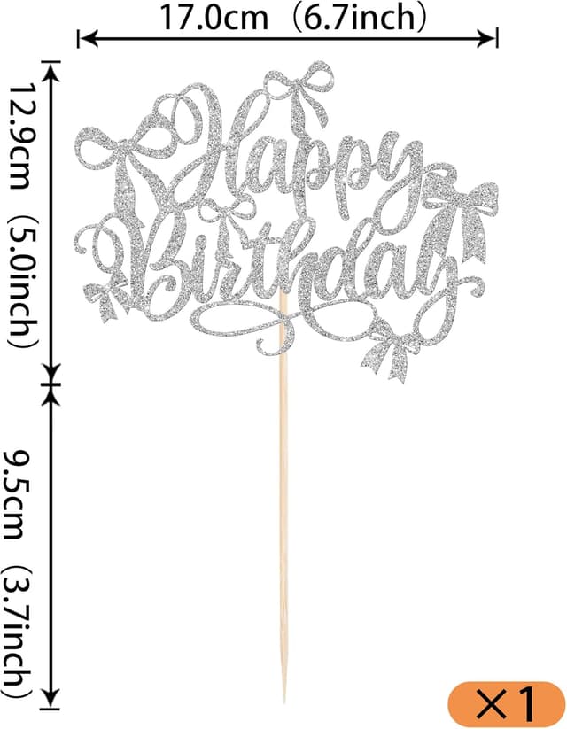 Detalle 2 de Happy Birthday cake topper (bow & silver glitter) in 300 gram glitter cardstock – 1 pack