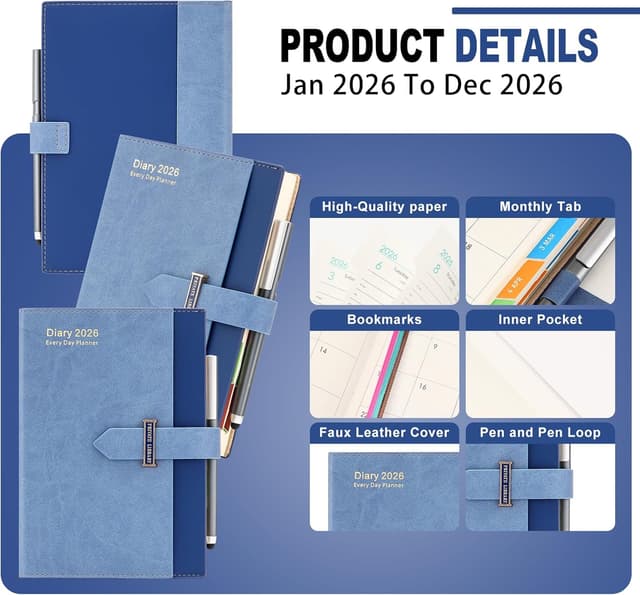 Detalle de Mcdsuc Academic Diary 2026 A5 (Jan–Dec 2026) — day-per-page planner with hardcover, tabs and pen