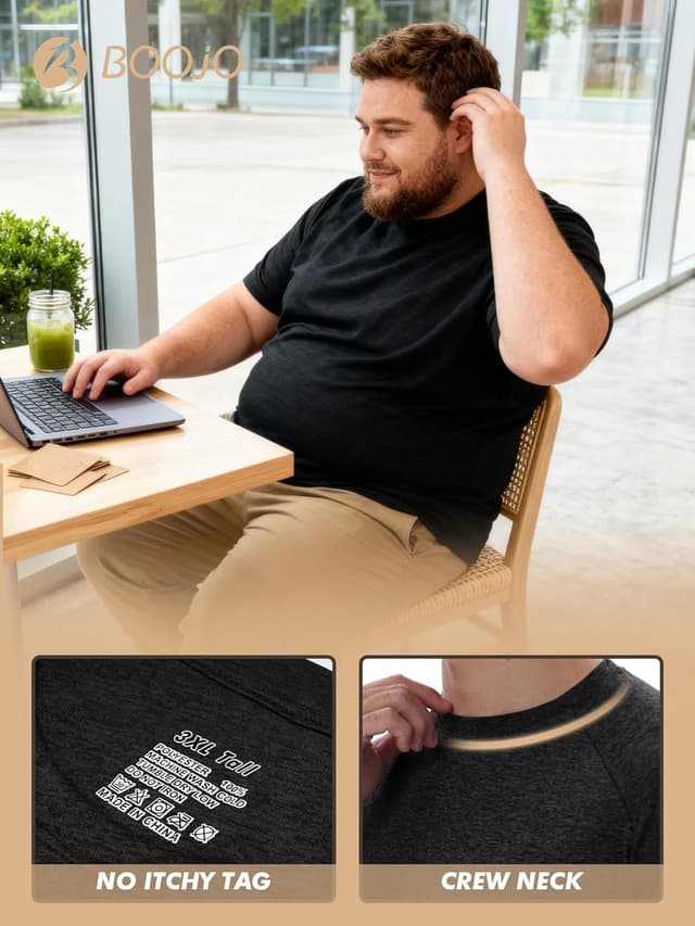 Detalle de BOOJO 3-Pack Men’s Big and Tall Short-Sleeve Quick Dry Moisture-Wicking T-Shirts (3XL–5XL)