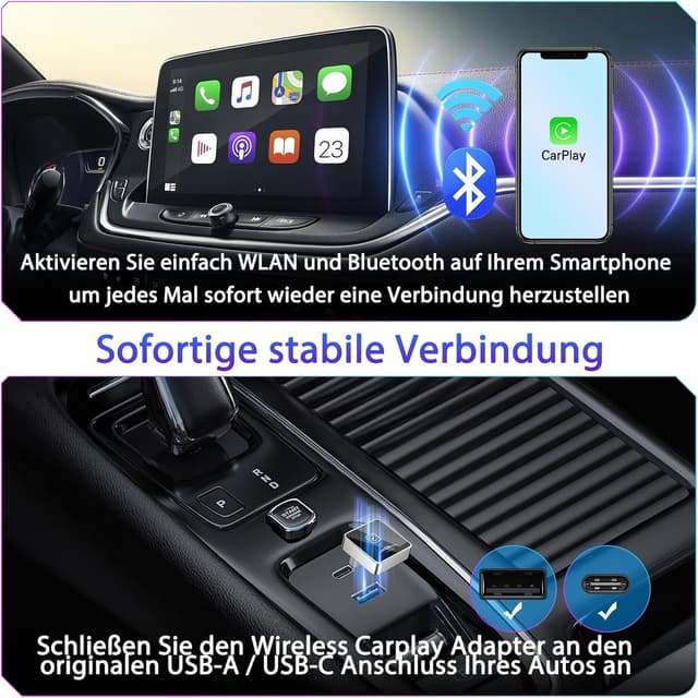 Detalle de JUSTSTONE Mini adaptateur CarPlay sans fil — clé CarPlay 2026, Plug & Play USB-C/USB-A pour iPhone
