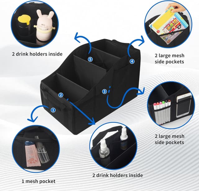 Detalle 2 de ACOMTUO Organisateur Voiture 46x27x25 cm pour enfant : rangement de coffre avec séparateurs et poignées
