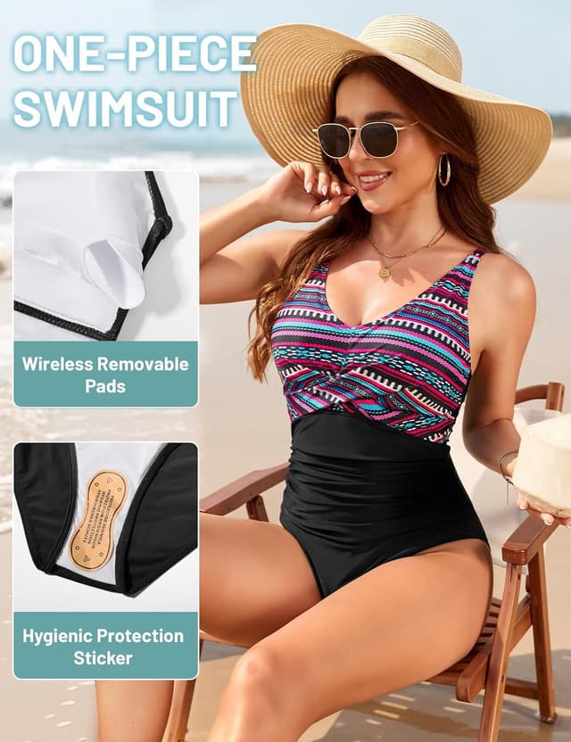 Detalle de Vijamiy Damen-Badeanzug „Bauchweg“ mit Push-up, tiefem V-Ausschnitt und verstellbaren Trägern