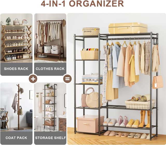 Detalle de Neprock free-standing clothes rail with hanging bar, 4 shelves and hooks (black)