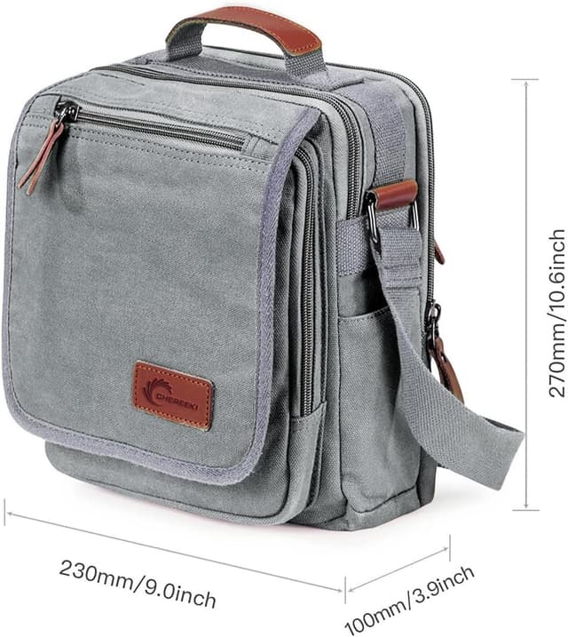 Detalle de CHEREEKI Canvas Bag Messenger Shoulder Bag with Multiple Pockets (holds 10-inch tablet)