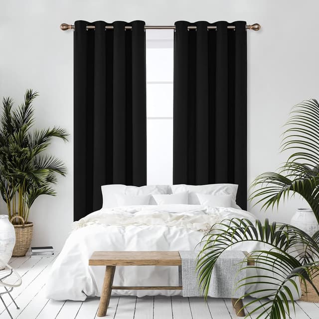 Detalle de Deconovo Eyelet Thermal Blackout Curtains (Ring Top) – Black, 140 x 260cm, 1 pair