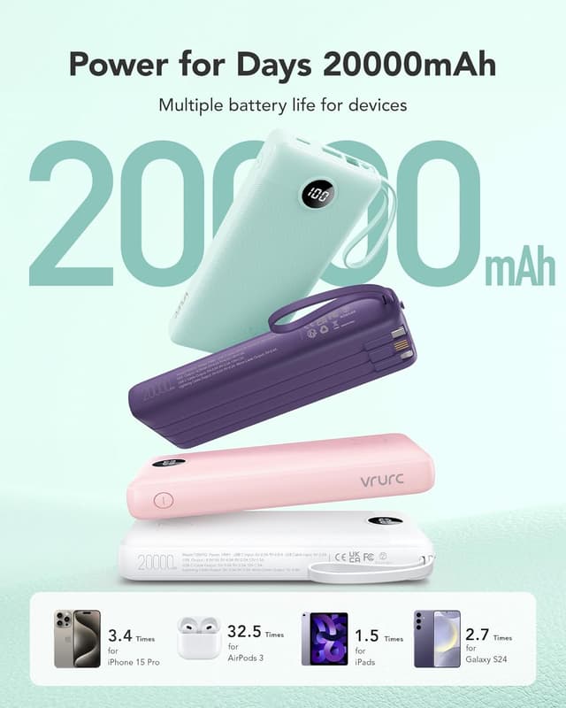 Detalle de VRURC Batterie Externe 20000mAh Power Bank USB C 20W à 4 câbles intégrés (Vert)