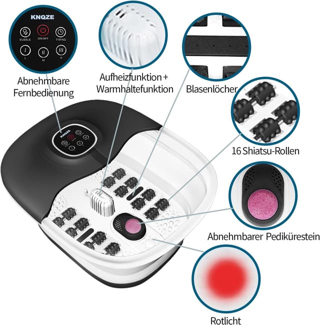 Detalle de Fußsprudelbad mit Massage & Heizfunktion (16 Shiatsu-Rollen) – faltbares Fußmassagegerät mit Fernbedienung und Timer