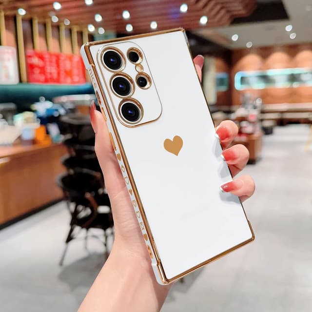 Detalle de Urarssa Samsung Galaxy S23 Ultra case with bling heart design, shockproof silicone bumper – white