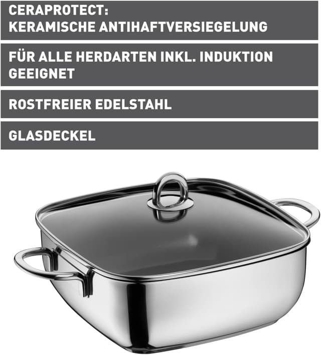 Detalle de Silit Studio Schmortopf mit Deckel (29 x 29 x 10 cm) – backofengeeignet, Induktion, Edelstahl beschichtet