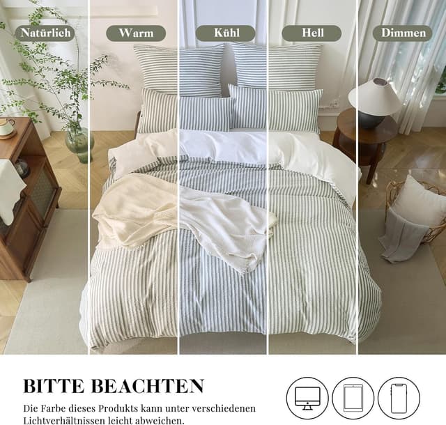 Detalle de SOULFUL Bettwäsche 135x200 aus Baumwolle, 4-teilig mit Jacquard-Streifen in Salbei Grün