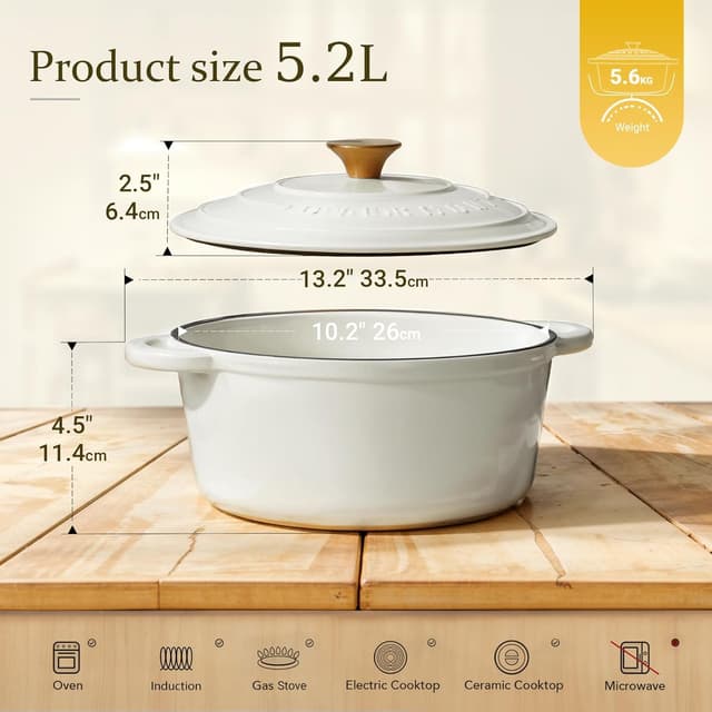 Detalle de OVERMONT Bräter aus emailliertem Gusseisen (26 cm) – Schmortopf mit Deckel, Backofentauglich & Kochbuch