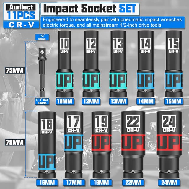 Thumbnail 1 de Aurlloct 1/2" Drive Impact Socket Set 11pcs