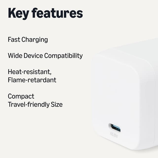 Detalle 2 de Amazon Basics Fast Charging USB-C Nano GaN Wall Charger (65W, 1-Port) with PD 3.1