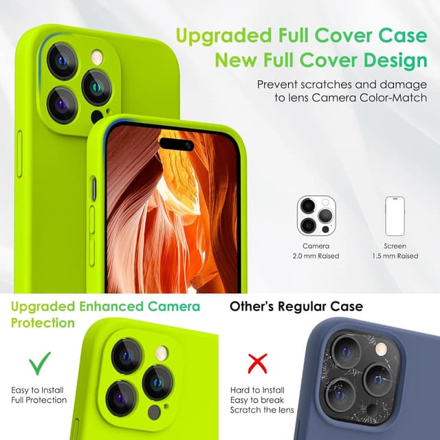 Detalle de CALOOP Slim-Fit Case for iPhone 14 Pro Max (6.7") – Fluorescent Green Liquid Silicone Cover with Microfibre Lining