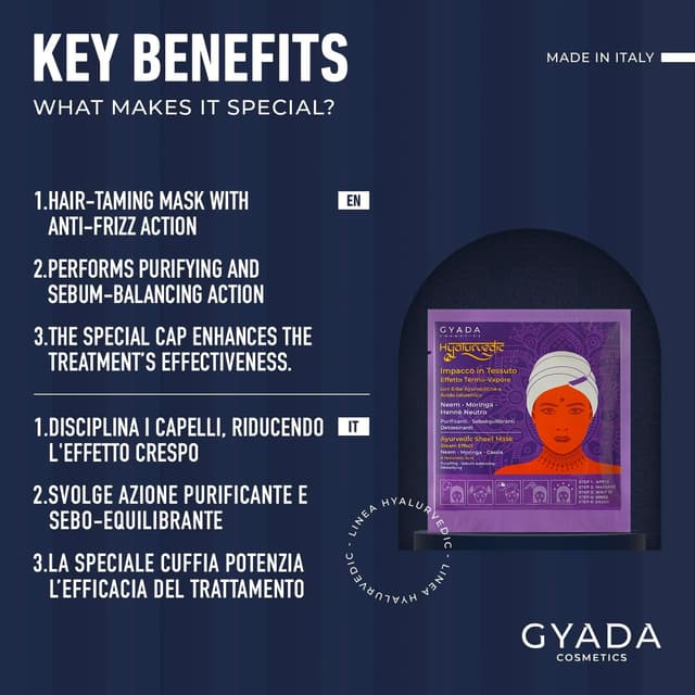 Detalle de GYADA COSMETICS Hyalurvedic Impacco Ayurvedico in tessuto purificante con cuffia effetto termico, per capelli grassi e sfibrati (60 ml)