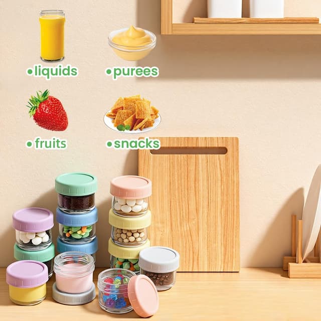 Detalle de Aolso Baby-Nahrungs-Aufbewahrungsbehälter aus Glas (12er-Set, 60 ml) mit luftdichten Deckeln