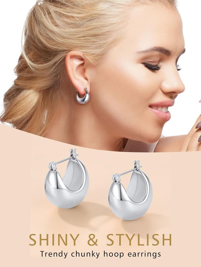 Detalle de FindChic Creolen Ohrringe für Damen & Mädchen aus Edelstahl – Chunky Huggie Hoop in Silber, Gold oder Schwarz (5,7/7,7/11 mm)