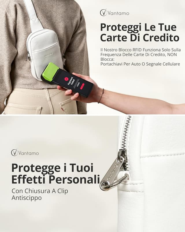 Detalle de Vantamo tracolla crossbody da donna in pelle vegana con blocco RFID e clip anti-borseggiatore