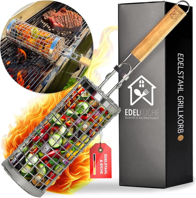 Detalle de EdelKüche Premium Grillkorb aus Edelstahl (XXL, rund, zylindrisch) – abnehmbarer Griff