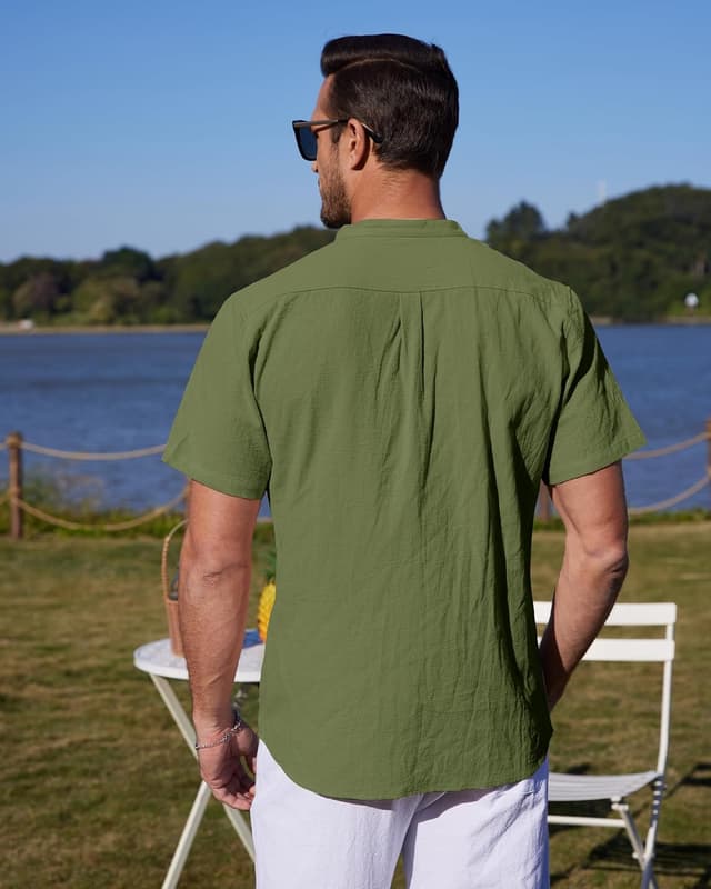 Detalle de YAOBAOLE Chemise en lin homme à manches courtes col Mao (style Henley) pour l’été