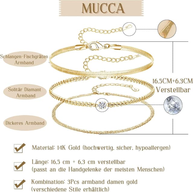 Detalle 2 de Lot MUCCA de 3 bracelets empilables en argent 925 pour femme, réglables et multicouches