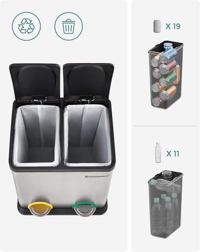 Detalle de SONGMICS Pattumiera di riciclaggio 30 l con 2 pedali e 2 scomparti (2 x 15 l) in argento e nero