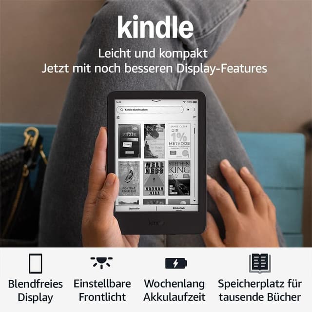 Detalle de Amazon Kindle (neueste Generation) – leicht & kompakt, blendfreier 6‑Zoll‑E‑Ink, 16 GB, mit Werbung – schwarz