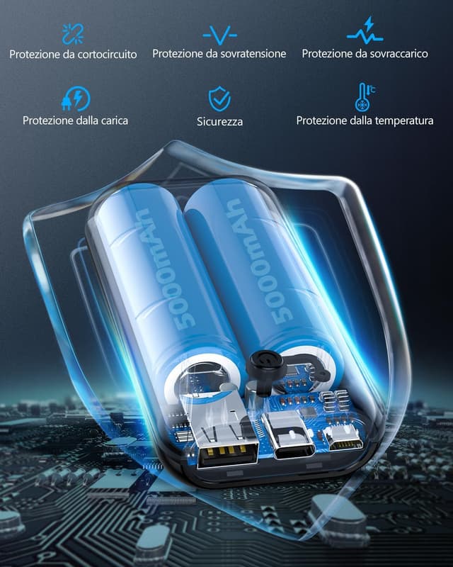 Detalle de Power Bank 10000 mAh mini compatta con USB C e micro, uscita 2.4A