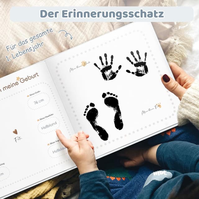 Detalle de Mein erstes Jahr Baby Babyalbum zum Selbstgestalten mit 84 Seiten & Stickern – Erinnerungsbuch für Geburt und Babyparty
