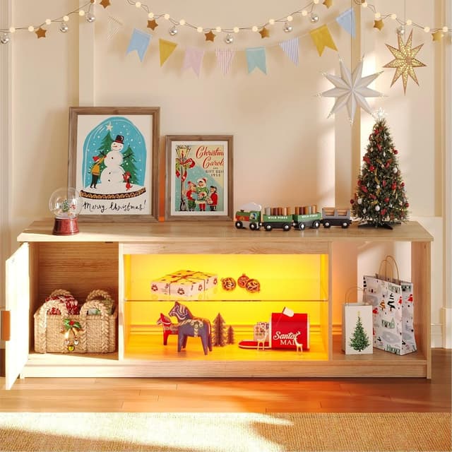 Detalle de Bestier Mobile TV per TV fino a 65 pollici con centro gaming, ripiani in vetro regolabili e luci LED (Rovere Naturale)