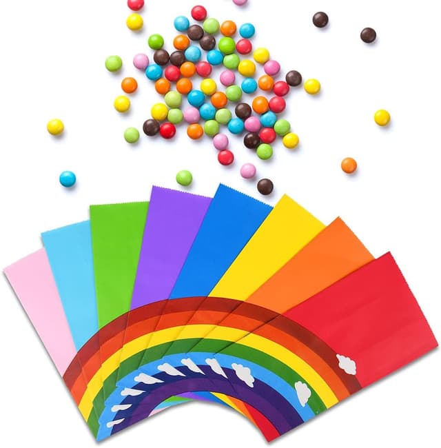 Detalle de flintronic 48 Pack Kraft Sweet Party Bags with Rainbow Design and Smile Stickers (13 × 8 × 24CM)