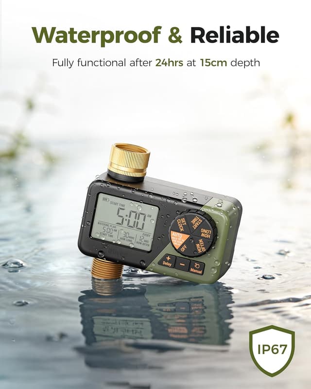 Detalle de Diivoo Water Sprinkler Timer with Brass Inlet & Outlet – weekly irrigation with rain delay and manual watering