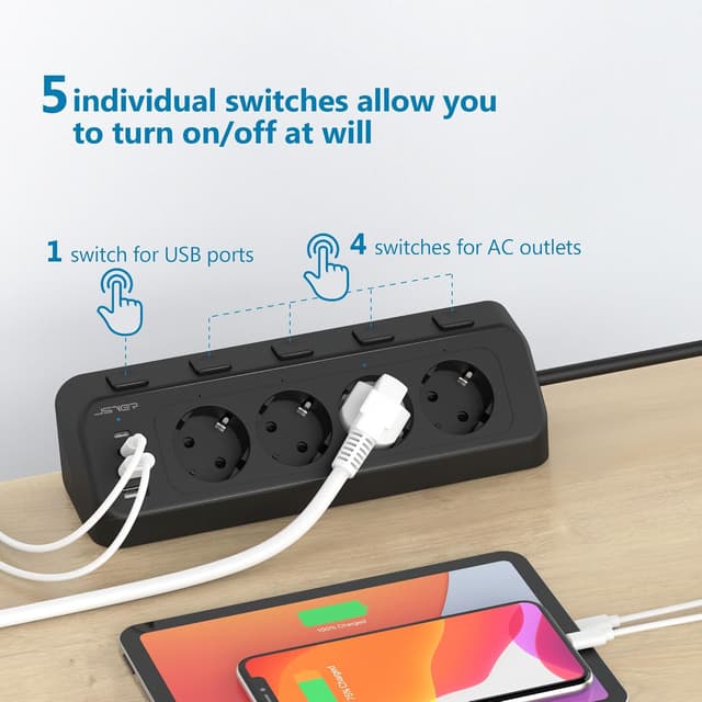 Detalle de JSVER Desktop-Steckdosenleiste mit USB‑C-Ecksteckdose, 4-fach (2× Type‑C, 2× USB‑A) und Einzelschaltern