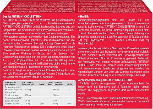 Thumbnail 6 de ARTERIN Cholesterin – Nahrungsergänzungsmittel mit Phytosterolen und Vitamin C, 1 x 90 Tabletten