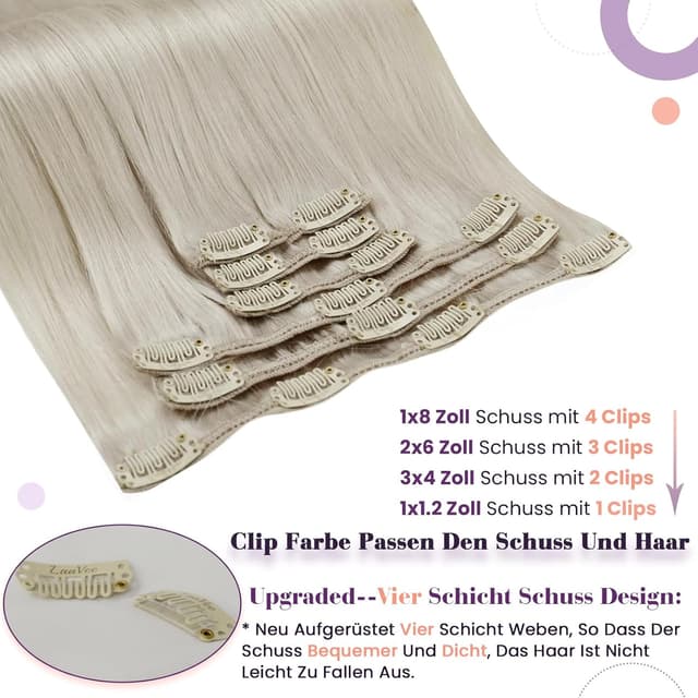 Detalle 2 de LaaVoo Clip-Extensions aus Echthaar, 60 cm (7-teilig) in Platinblond #60
