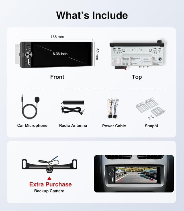 Thumbnail 6 de AINAVI 6.36-Inch Single-DIN Touchscreen Car Stereo with Wireless CarPlay & Android Auto