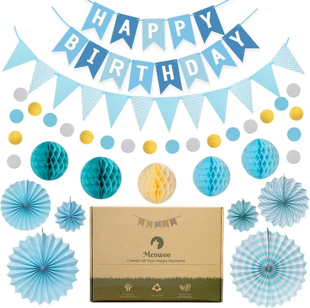 Detalle de Meowoo Geburtstagsdeko in Blau – Happy Birthday Girlande, Wimpelkette, Wabenblumen und Papierfächer (wiederverwendbar)