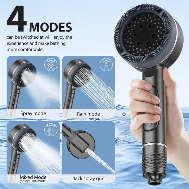 Detalle de Hard Water Filter Shower Head with 15-Stage Filter, 4 Spray Modes and 1.5m Hose (Grey)
