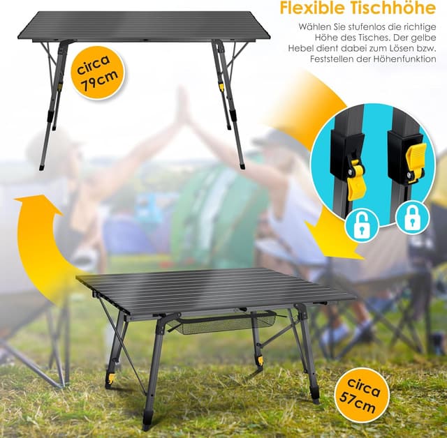 Detalle de KESSER® faltbarer Campingtisch mit Aluminiumrahmen, höhenverstellbar und Tragetasche (120 x 70 cm)