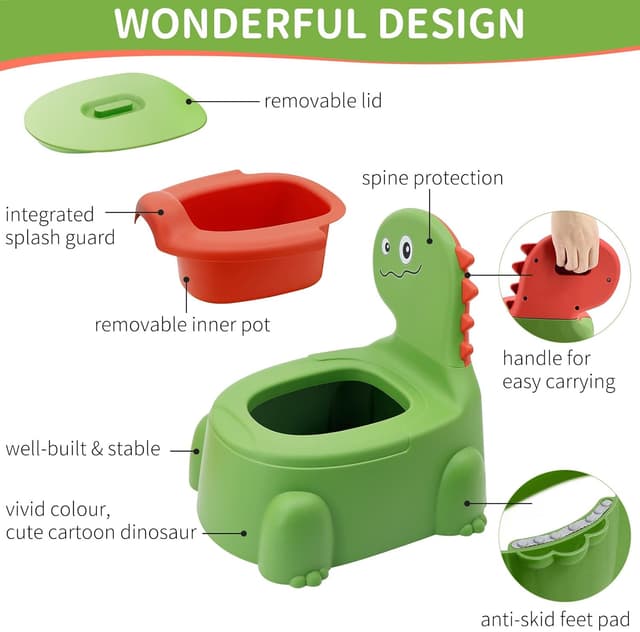 Detalle 2 de Dinosaur Potty Toilet Training Chair with Lid and Removable Urinal Pot (Green) for 1–6 Year Olds