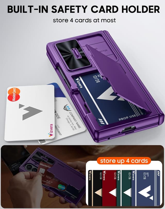 Detalle de Vizvera Case for Samsung Galaxy Z Fold 7 (Purple) with RFID wallet card holder, HD tempered glass and sliding camera cover