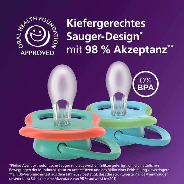 Detalle de Philips Avent ultra air Day & Night Schnuller SCF087/27 (6–18 Monate) – kiefergerecht, leuchtet im Dunkeln, 4er-Set