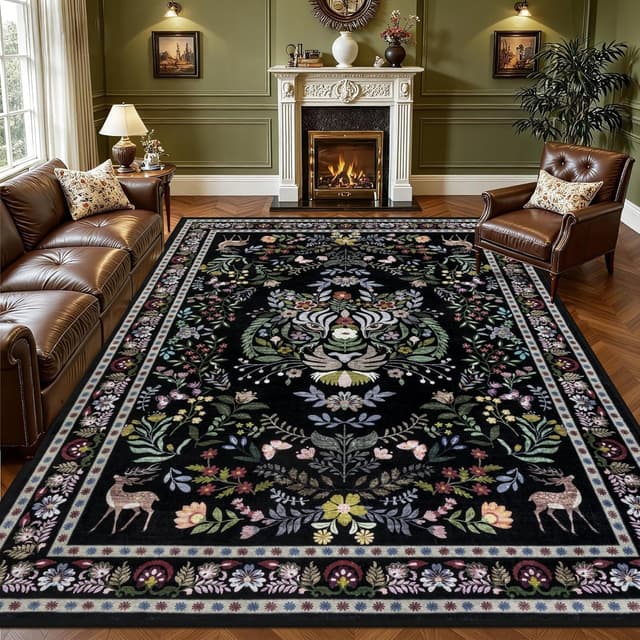 Detalle de 9x12 Area Rugs Living Room Rug (Vintage Washable, Floral Animal Print) Non-Slip, Low Pile, Stain Resistant