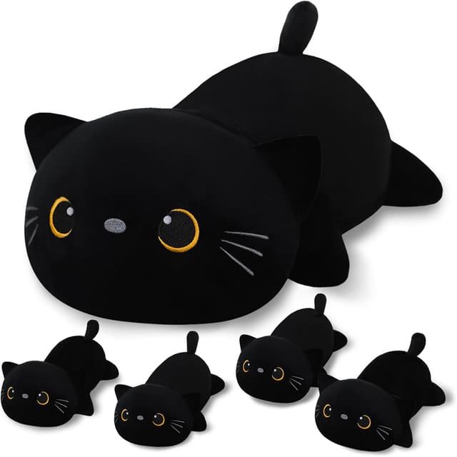 Detalle de SQEQE Black Cat Plush – 5-in-1 giant cat pillow with removable 4 baby kittens