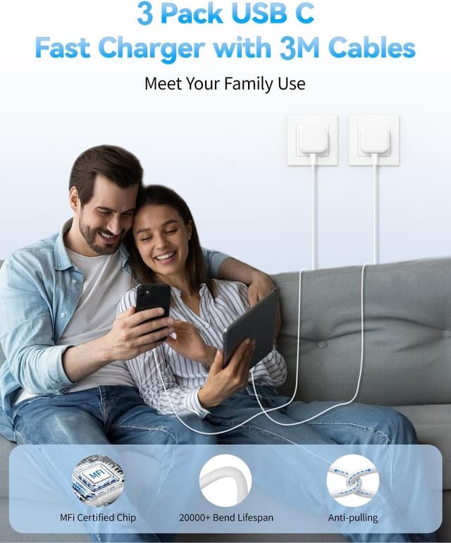 Detalle 2 de 20W USB-C iPhone Fast Charger Plug & Cable 3 Pack with 3M cable