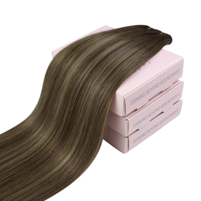 Detalle de Fshine Extensions Echthaar Tressen Mittelbraun mit Hellblonden (55 cm, 50 g) – Butterfly-Weft für schmerzfreie Installation