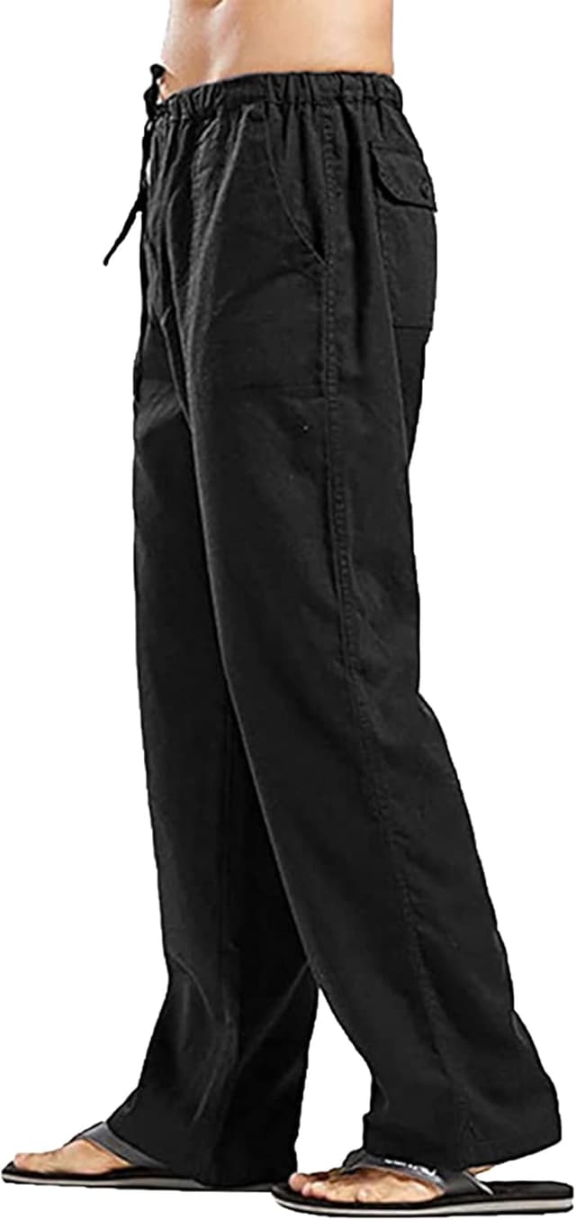 Detalle de YAOHUOLE Men’s Linen Trousers – Lightweight straight-leg yoga style with elasticated waist