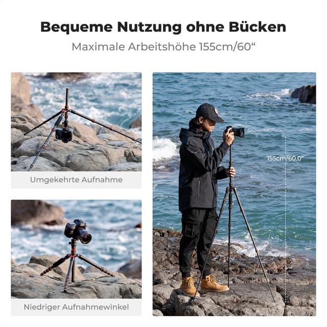 Detalle de K&F CONCEPT A225C0+BH-25L Carbon-Stativ (152 cm) mit 360° Kugelkopf – leicht & flexibel für Foto, Reise und Sport