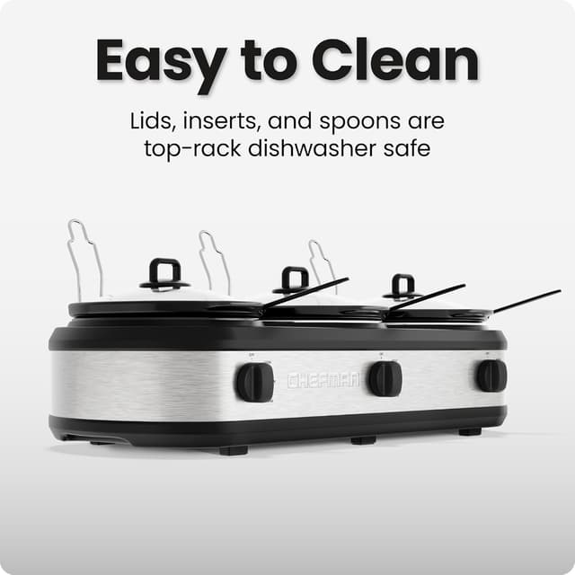 Detalle 2 de Chefman Triple Slow Cooker & Food Warmer with 3 Ceramic Crocks (7.5-Quart Total, PFAS-Free)