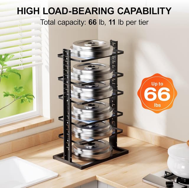 Detalle de LAMU Pots and Pans Organizer for Under Cabinet (6-Tier, Adjustable 14 to 24.57")